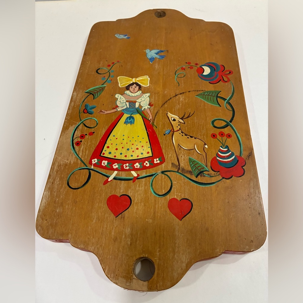 Vtg Folk Art Wood Dutch Girl Deer Cutting Board Wood Wall Hanging